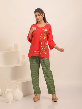 Red Hand-Embroidered Pure Andhra Cotton Top