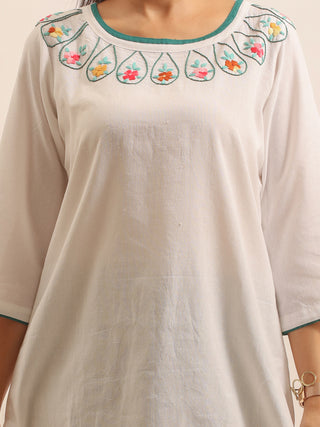 Off-White Hand-Embroidered Pure Andhra Cotton Top