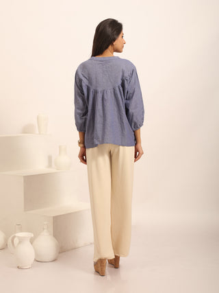 Denim Blue Pure Andhra Cotton Hand-Embroidered Top