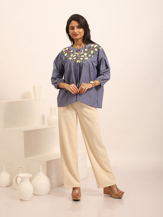 Denim Blue Pure Andhra Cotton Hand-Embroidered Top