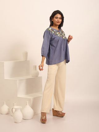 Denim Blue Pure Andhra Cotton Hand-Embroidered Top