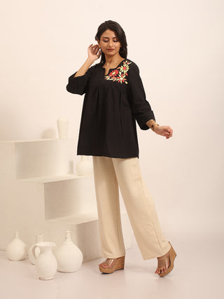 Black Pure Andhra Cotton Hand-Embroidered Top