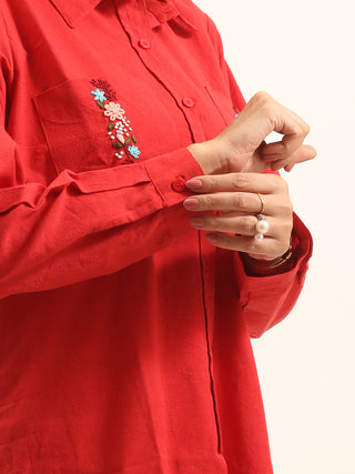 Red Pure Andhra Cotton Hand-Embroidered Shirt