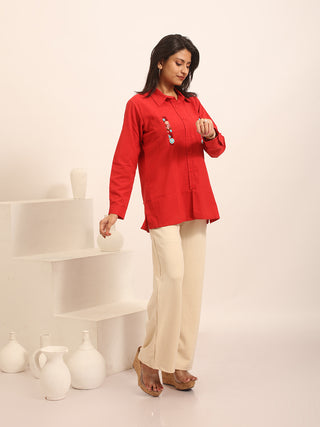 Red Pure Andhra Cotton Hand-Embroidered Shirt