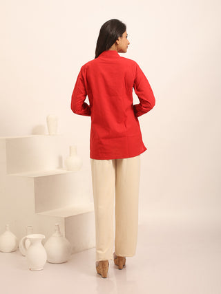 Red Pure Andhra Cotton Hand-Embroidered Shirt