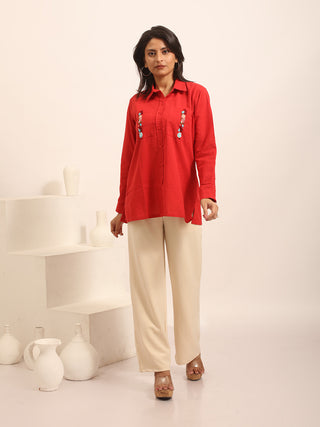 Red Pure Andhra Cotton Hand-Embroidered Shirt