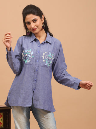 Denim Blue Pure Andhra Cotton Embroidered Shirt