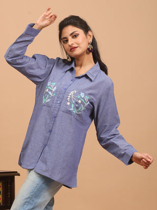Denim Blue Pure Andhra Cotton Embroidered Shirt