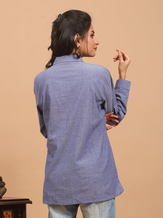 Denim Blue Pure Andhra Cotton Embroidered Shirt