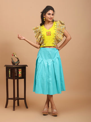 Bright Yellow Pure Sanganeri Cotton and Cambric Cotton Combined Top with Hand Embroidery and Mirror Accents
