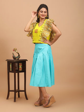Bright Yellow Pure Sanganeri Cotton and Cambric Cotton Combined Top with Hand Embroidery and Mirror Accents