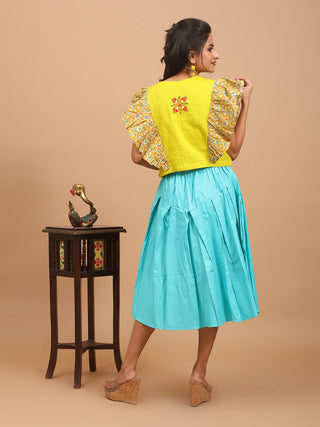 Bright Yellow Pure Sanganeri Cotton and Cambric Cotton Combined Top with Hand Embroidery and Mirror Accents