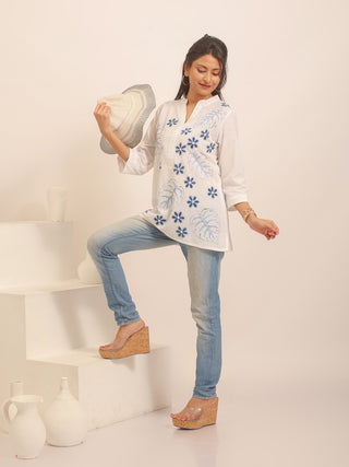White Andhra Cotton Top with Hand Painting and Kantha Work