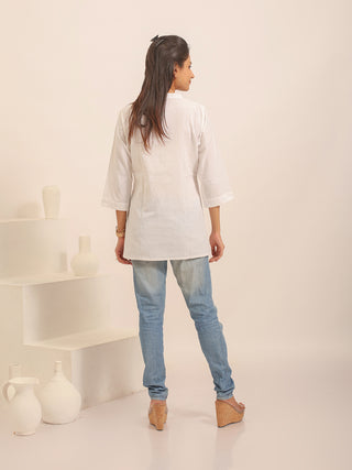 White Andhra Cotton Top with Hand Painting and Kantha Work