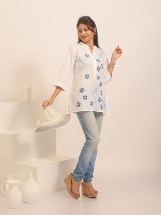 White Andhra Cotton Top with Hand Painting and Kantha Work