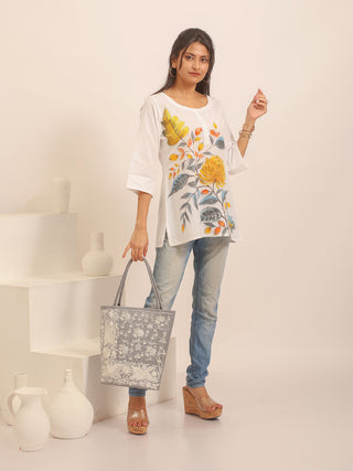 White Pure Andhra Cotton Hand-Painted Top