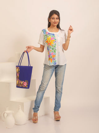 White Pure Andhra Cotton Floral Hand-Painted Top