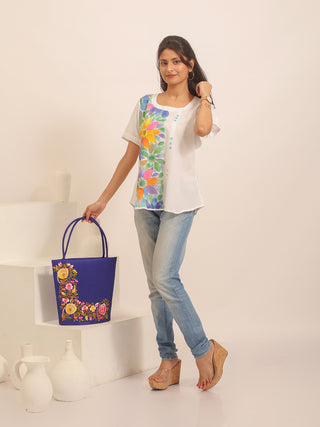 White Pure Andhra Cotton Floral Hand-Painted Top