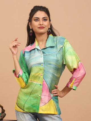 Multicolour Elegant Hand-Painted Murshidabad Silk Shirt