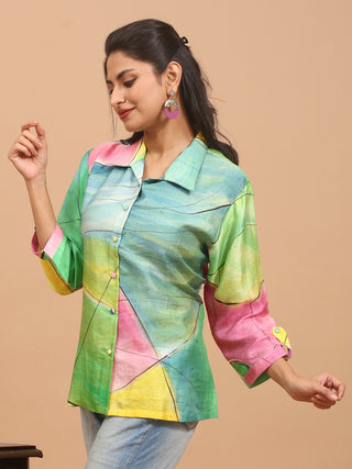 Multicolour Elegant Hand-Painted Murshidabad Silk Shirt