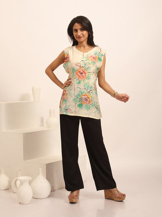 Light Beige Crepe Silk Hand-Painted Top