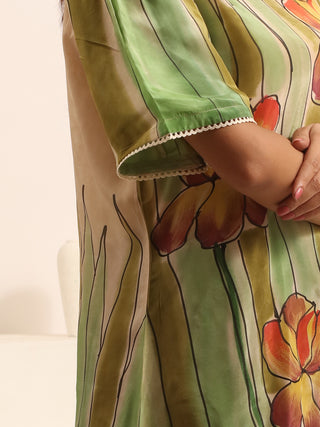 Beige Crepe Silk Top With Floral Handpainting