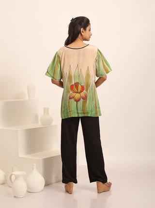 Beige Crepe Silk Top With Floral Handpainting
