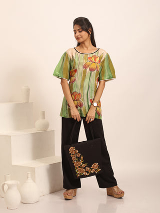 Beige Crepe Silk Top With Floral Handpainting