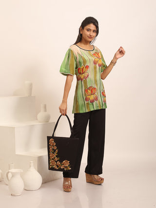 Beige Crepe Silk Top With Floral Handpainting