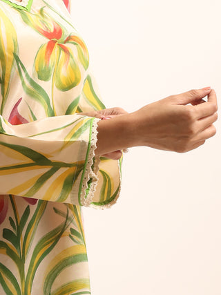 Beige Elegant Crepe Silk Hand-Painted Top