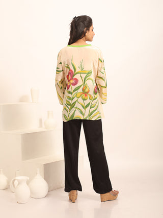Beige Elegant Crepe Silk Hand-Painted Top