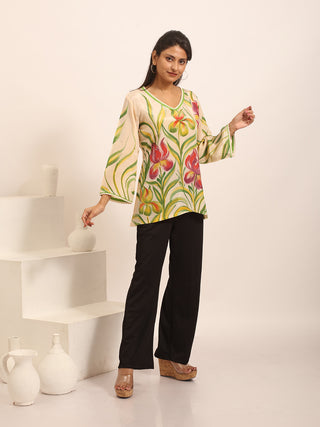 Beige Elegant Crepe Silk Hand-Painted Top
