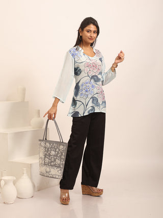 Light Blue Crepe Silk Hand-Painted Top