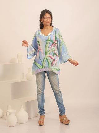 Sky Blue Crepe Silk Hand-Painted Top