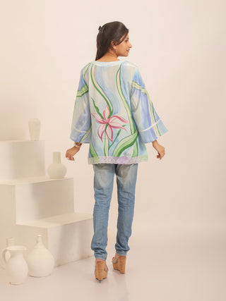 Sky Blue Crepe Silk Hand-Painted Top