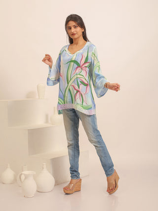 Sky Blue Crepe Silk Hand-Painted Top