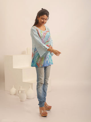 Sky Blue Crepe Silk Top With Multicolour Hand-Painting