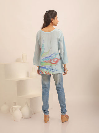 Sky Blue Crepe Silk Top With Multicolour Hand-Painting