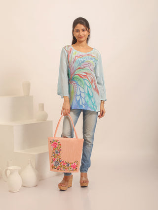 Sky Blue Crepe Silk Top With Multicolour Hand-Painting