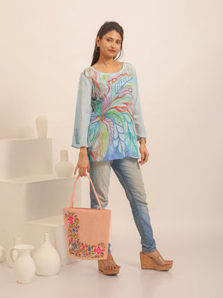 Sky Blue Crepe Silk Top With Multicolour Hand-Painting
