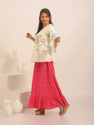 Ivory Cotton Silk Hand-Painted Top with Collar