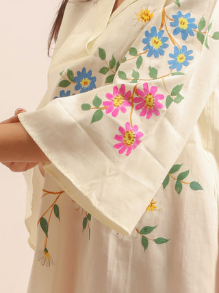 Ivory Cotton Silk Hand-Painted Top with Collar