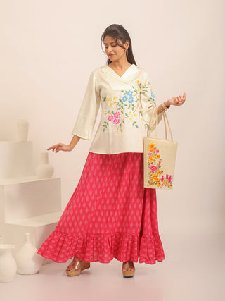 Ivory Cotton Silk Hand-Painted Top with Collar