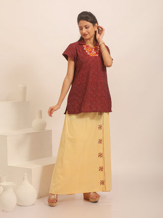 Maroon Ikkat Cotton Top with Embroidered Neckline