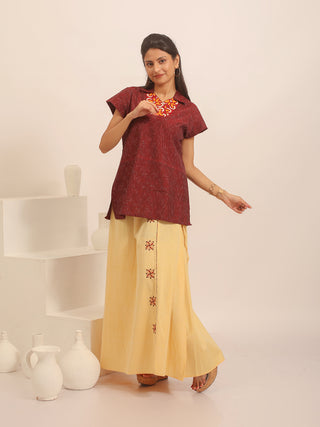 Maroon Ikkat Cotton Top with Embroidered Neckline