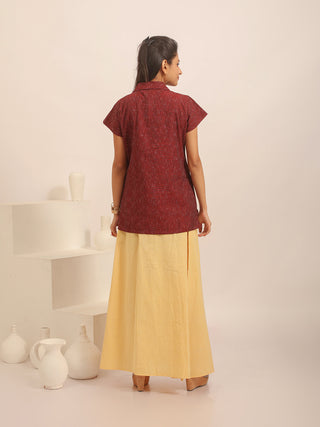 Maroon Ikkat Cotton Top with Embroidered Neckline