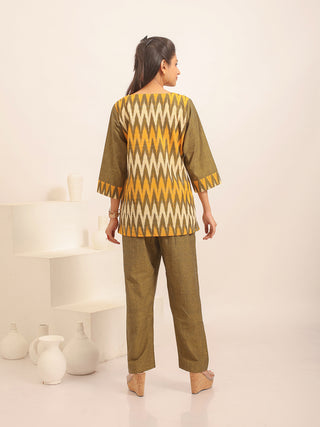 Multicolour Ikkat & Olive Green Andhra Cotton Combination Top
