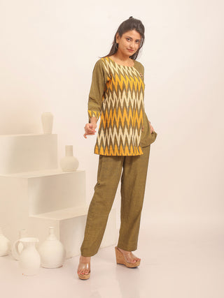 Multicolour Ikkat & Olive Green Andhra Cotton Combination Top