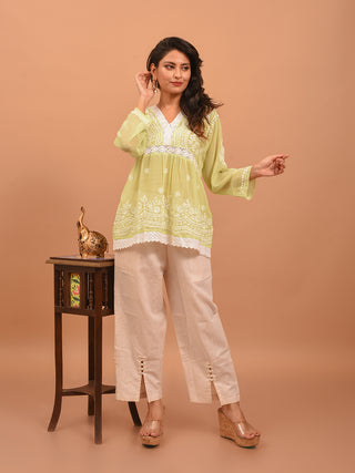 Lemon Green Georgette Top with Lucknowi Hand Embroidery