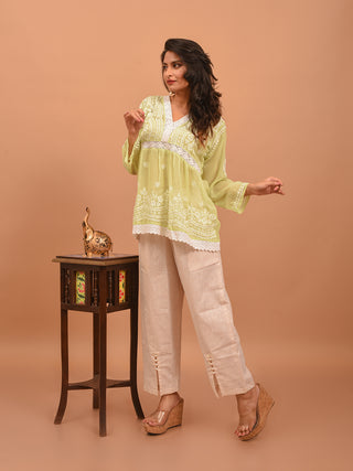 Lemon Green Georgette Top with Lucknowi Hand Embroidery